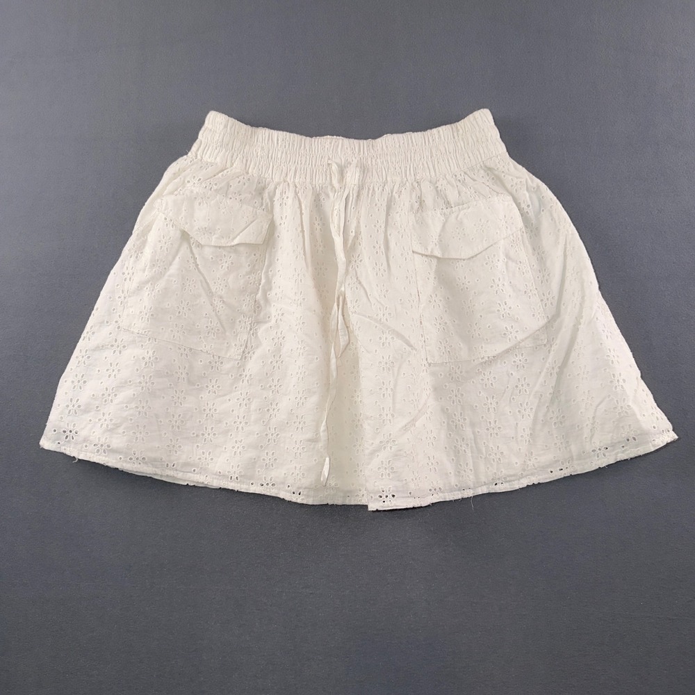 Aerie White Eyelet Mini Skirt Small Cotton Smocked Waist Drawstring Pockets